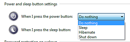 Power and Sleep Button Setting Choices